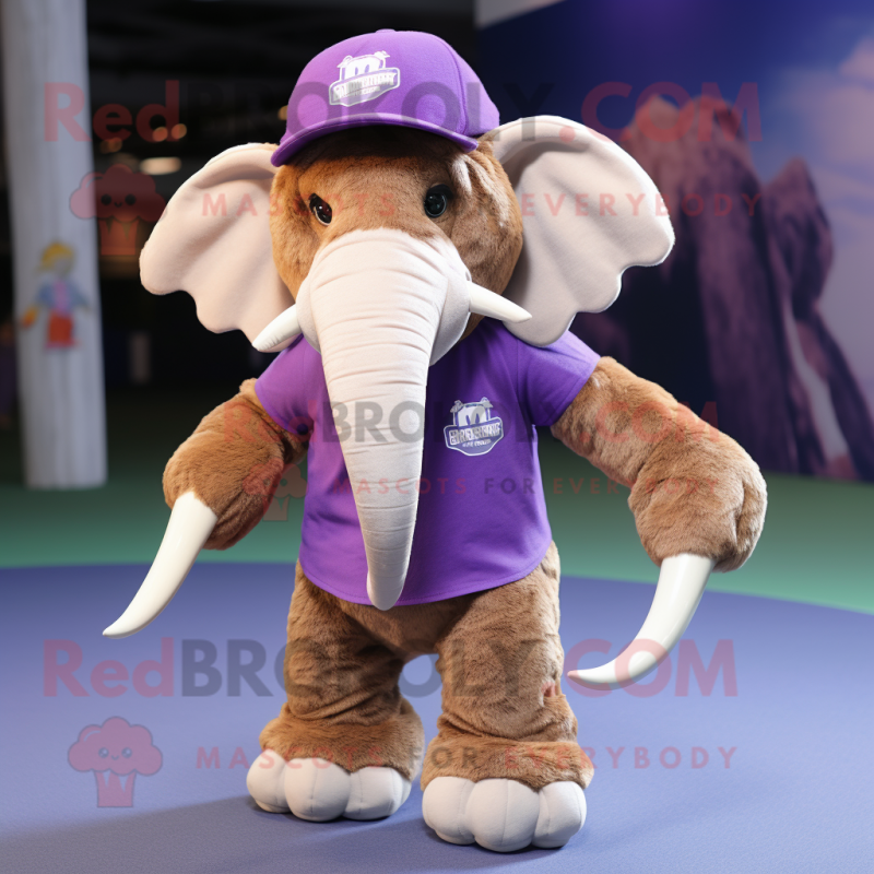 Purple Mammoth mascot costume character dressed with a Button-Up Shirt and Beanies