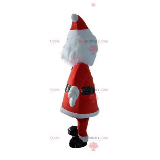 Mascote do Papai Noel vestido de vermelho e branco com barba -