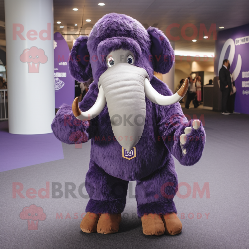 Purple Mammoth mascot costume character dressed with a Button-Up Shirt and Beanies