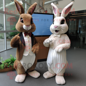 Brown Wild Rabbit mascot costume character dressed with a Wedding Dress and Bow ties