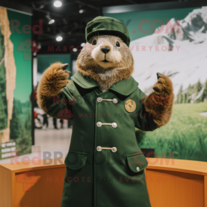 Forest Green Marmot mascot costume character dressed with a Coat and Berets