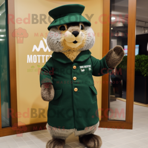 Forest Green Marmot mascot costume character dressed with a Coat and Berets