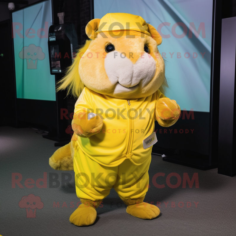 Yellow Guinea Pig mascot costume character dressed with a Jeggings and Headbands