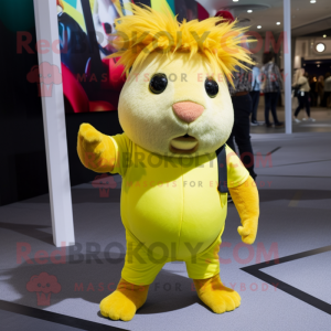 Yellow Guinea Pig mascot costume character dressed with a Jeggings and Headbands