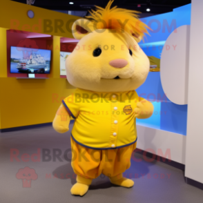 Yellow Guinea Pig mascot costume character dressed with a Jeggings and Headbands