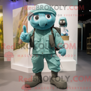 Maskotkarakter av en cyan...