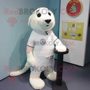 White Seal mascot costume character dressed with a Polo Shirt and Shoe clips
