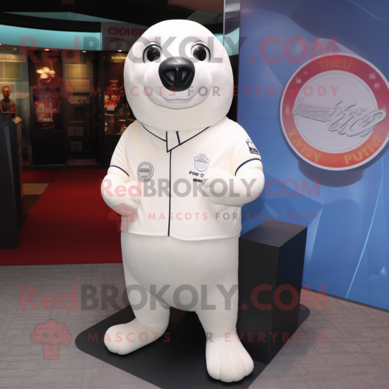 White Seal mascot costume character dressed with a Polo Shirt and Shoe clips