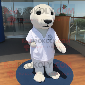 White Seal mascot costume character dressed with a Polo Shirt and Shoe clips