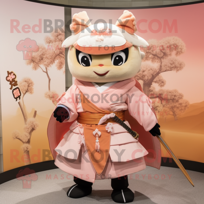 Peach Samurai mascot costume character dressed with a Skirt and Mittens