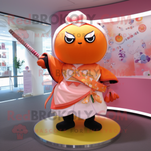 Peach Samurai mascot costume character dressed with a Skirt and Mittens