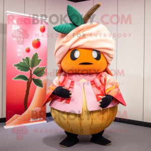 Peach Samurai mascot costume character dressed with a Skirt and Mittens