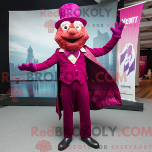 Maskotfigur af en magenta...