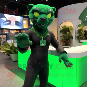 Green Panther mascot costume character dressed with a Graphic Tee and Earrings