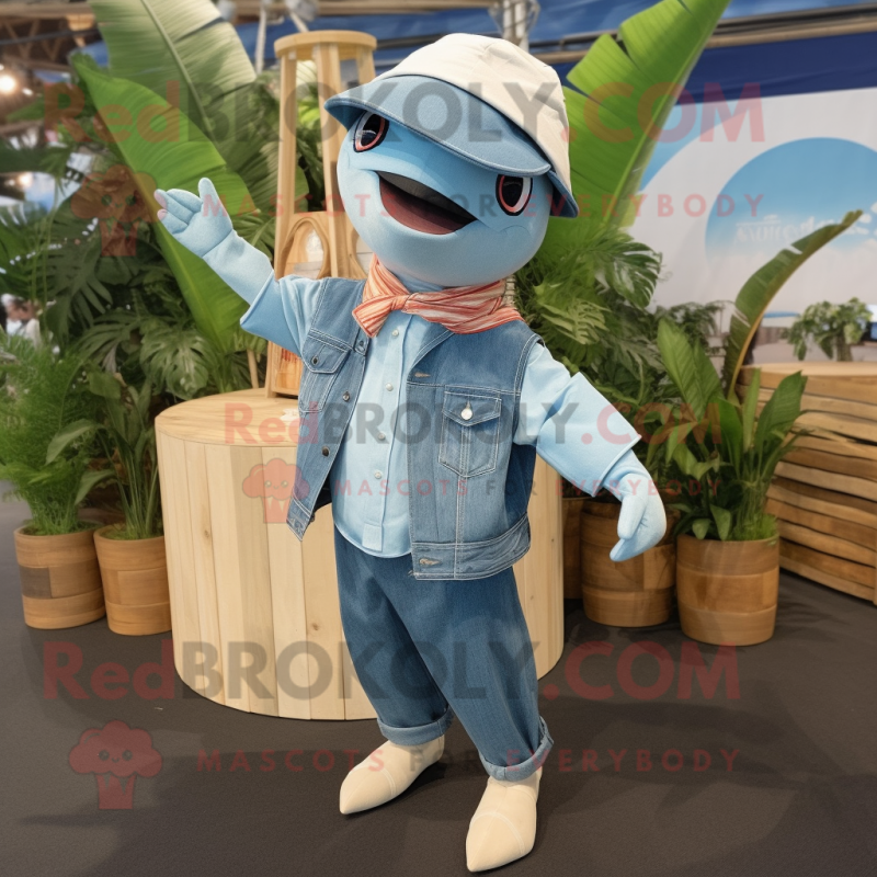 Sky Blue Swordfish mascot costume character dressed with a Denim Shirt and Suspenders