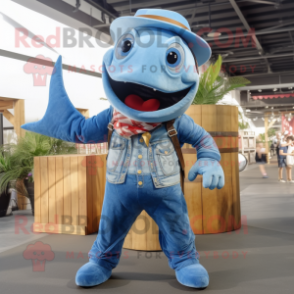 Sky Blue Swordfish mascot costume character dressed with a Denim Shirt and Suspenders