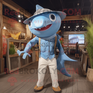 Sky Blue Swordfish mascot costume character dressed with a Denim Shirt and Suspenders