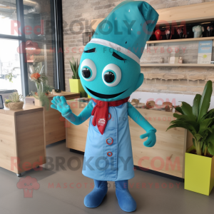 Cyan Fajitas mascot costume character dressed with a Romper and Lapel pins