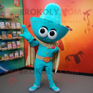 Cyan Fajitas mascot costume character dressed with a Romper and Lapel pins