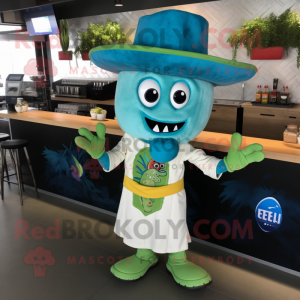 Cyan Fajitas mascot costume character dressed with a Romper and Lapel pins