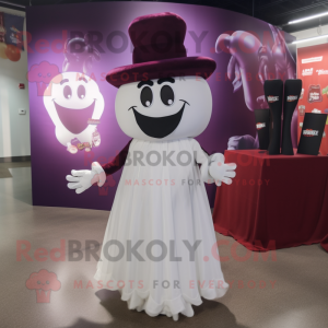 Maroon Ghost mascot costume character dressed with a Wedding Dress and Hat pins