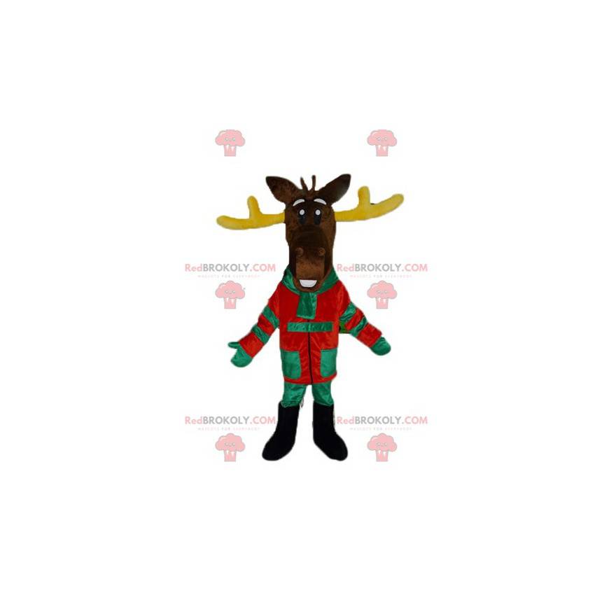 Brown reindeer mascot with yellow antlers in colorful outfit -
