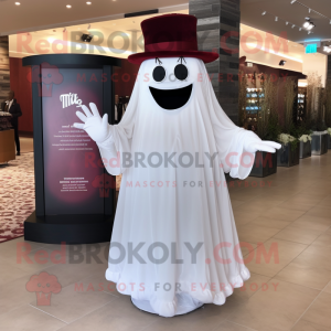 Maroon Ghost mascot costume character dressed with a Wedding Dress and Hat pins