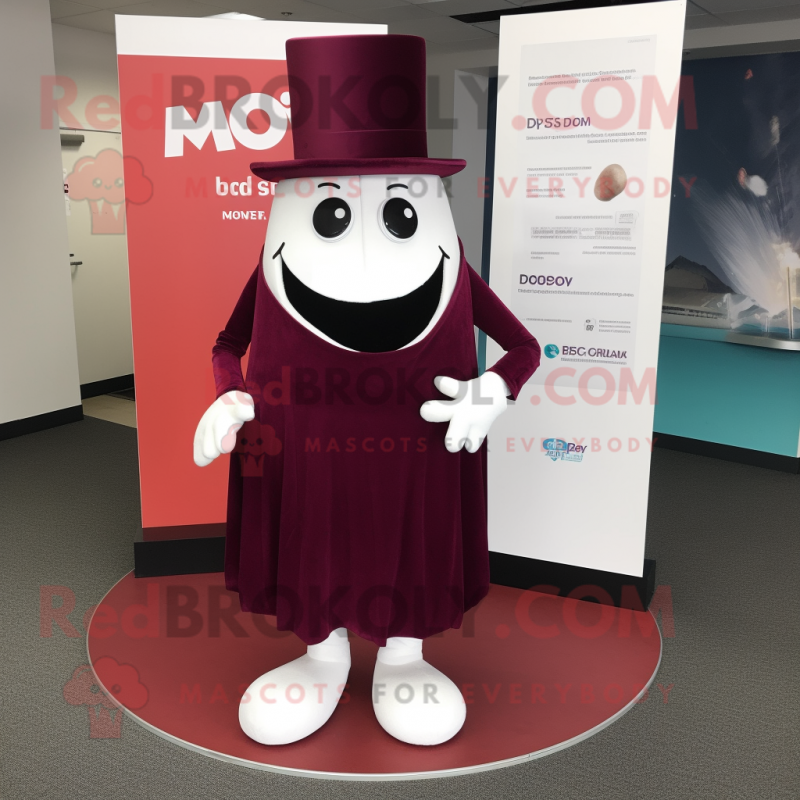 Maroon Ghost mascot costume character dressed with a Wedding Dress and Hat pins Maroon Ghost mascot costume character dressed with a Wedding Dress and Hat pins