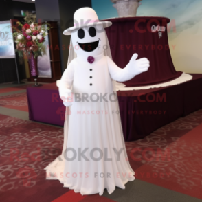 Maroon Ghost mascot costume character dressed with a Wedding Dress and Hat pins