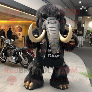 Black Mammoth mascot costume character dressed with a Biker Jacket and Clutch bags