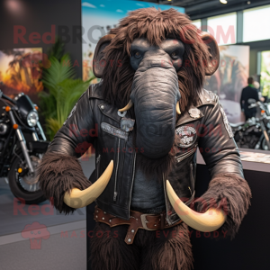 Black Mammoth mascot costume character dressed with a Biker Jacket and Clutch bags