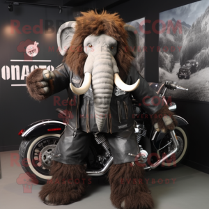 Black Mammoth mascot costume character dressed with a Biker Jacket and Clutch bags