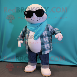 Teal Beluga Whale mascot costume character dressed with a Flannel Shirt and Sunglasses