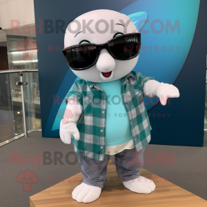 Teal Beluga Whale mascot costume character dressed with a Flannel Shirt and Sunglasses