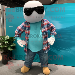 Teal Beluga Whale mascot costume character dressed with a Flannel Shirt and Sunglasses