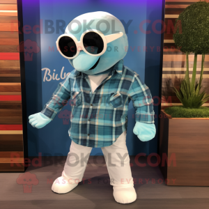 Teal Beluga Whale mascot costume character dressed with a Flannel Shirt and Sunglasses