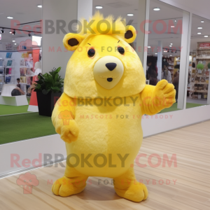 Lemon Yellow Capybara mascot costume character dressed with a Flare Jeans and Hair clips