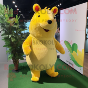 Lemon Yellow Capybara mascot costume character dressed with a Flare Jeans and Hair clips