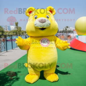 Lemon Yellow Capybara mascot costume character dressed with a Flare Jeans and Hair clips