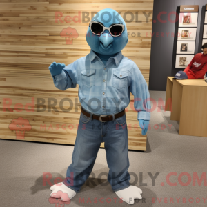 Maskotfigur av en cyan due...