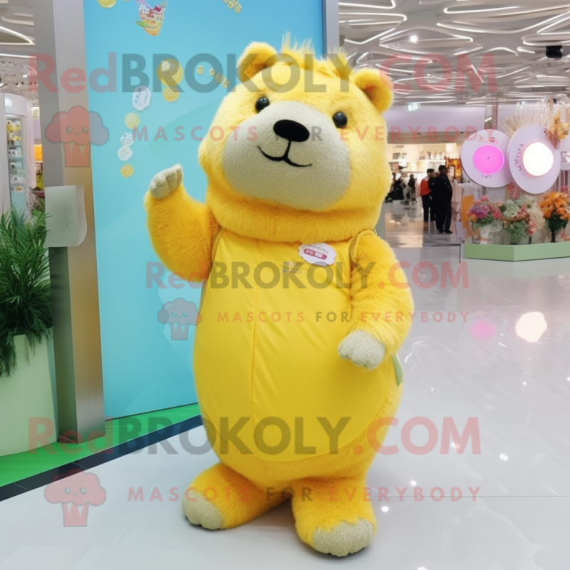 Lemon Yellow Capybara mascot costume character dressed with a Flare Jeans and Hair clips