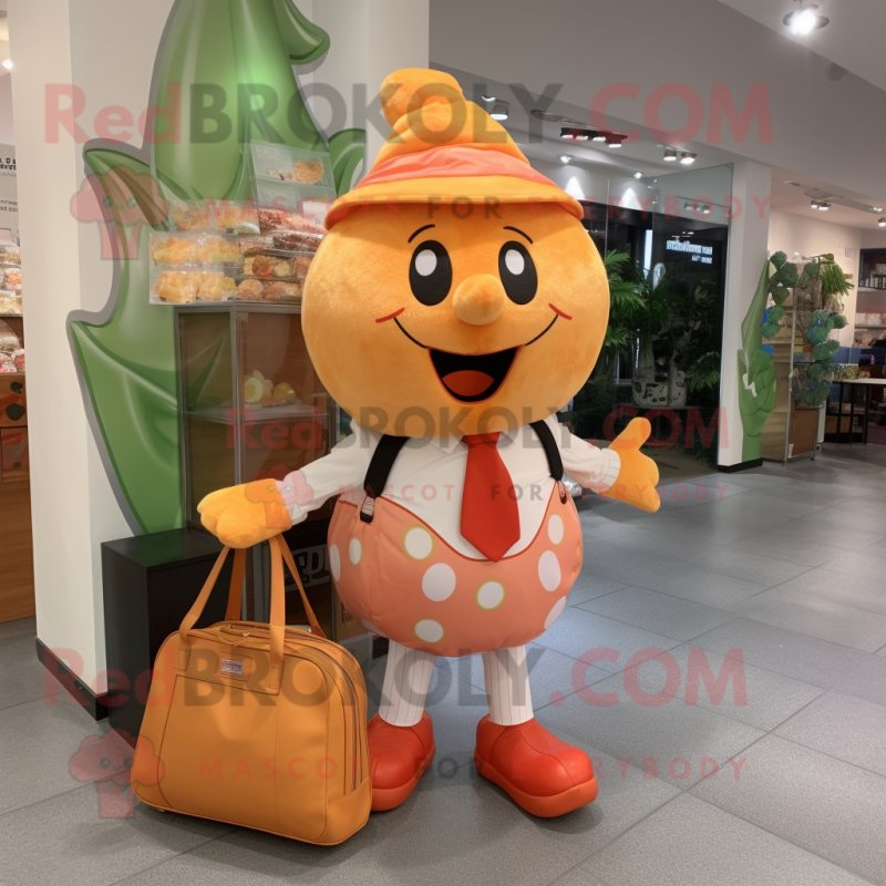 Peach Meatballs mascot costume character dressed with a Trousers and Tote bags Peach Meatballs mascot costume character dressed with a Trousers and Tote bags
