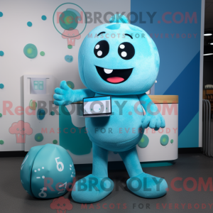 Maskot-karakter af en cyan...