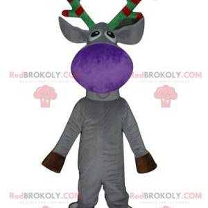 Gray reindeer mascot with red and green antlers - Redbrokoly.com