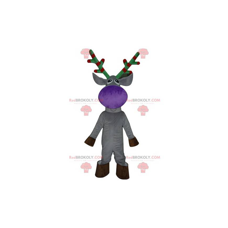 Gray reindeer mascot with red and green antlers - Redbrokoly.com