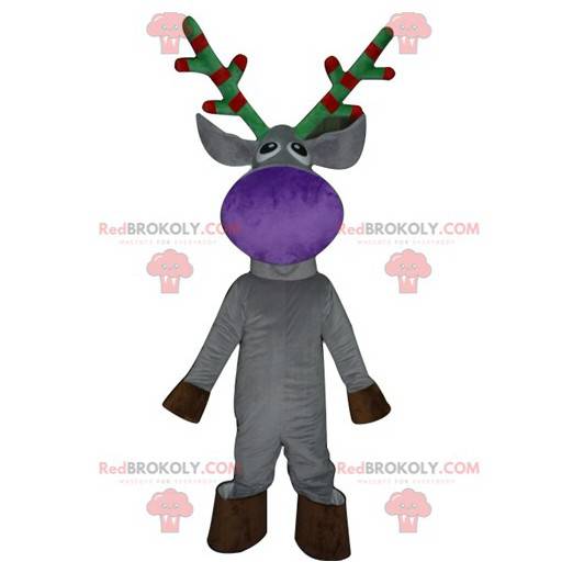 Graues Rentiermaskottchen mit rotem und grünem Geweih -