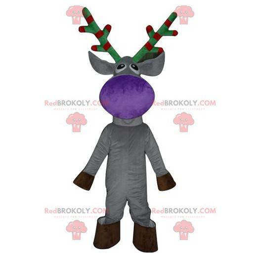 Gray reindeer mascot with red and green antlers - Redbrokoly.com