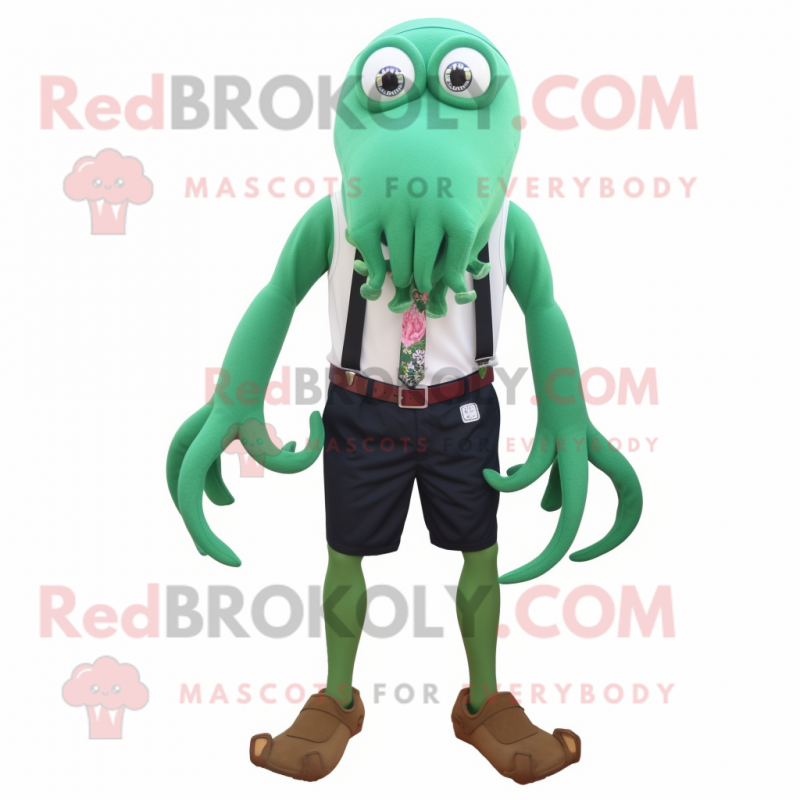 Forest Green Kraken mascot costume character dressed with a Bermuda Shorts and Ties