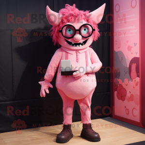 Pink Demon mascot costume character dressed with a Romper and Eyeglasses