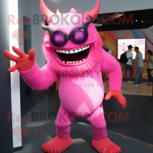 Pink Demon mascot costume character dressed with a Romper and Eyeglasses
